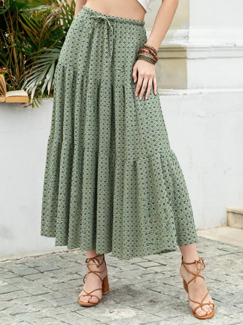 ❤️Hello Gorgeous! Boho Print Tiered Maxi Skirt- Matcha Green